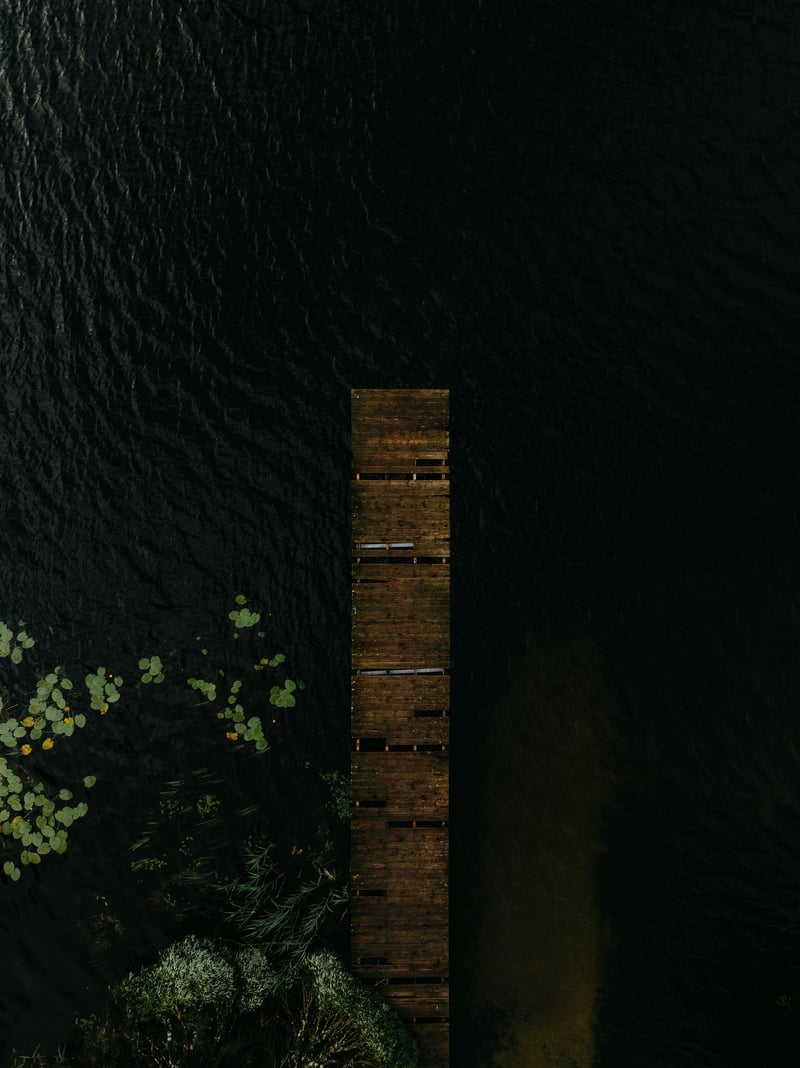 Aerial of a narrow wooden jetty running into black lake water, lily pads at the edge