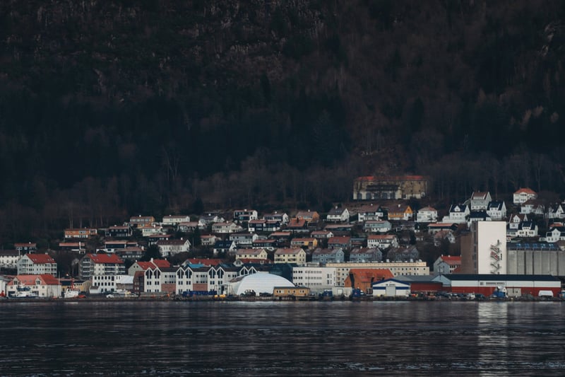 Dense Nordic town stacked along a dark fjord waterfront