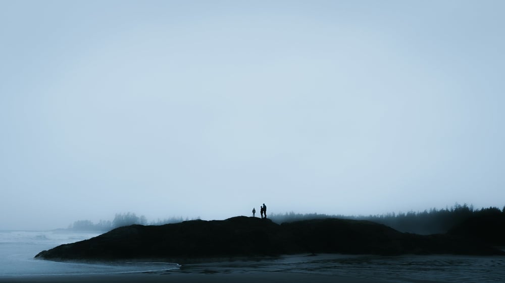 Two small figures on a dark rocky islet in pale blue fog