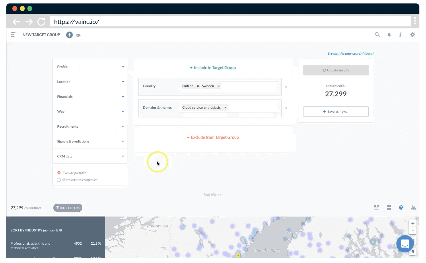 Find all companies with specific characteristincs in the Nordics easy using Vainuf